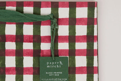 Paper Mirchi Block Printed Gift bag Medium - Gingham Holly Green Flywheel Stationery Tasmania