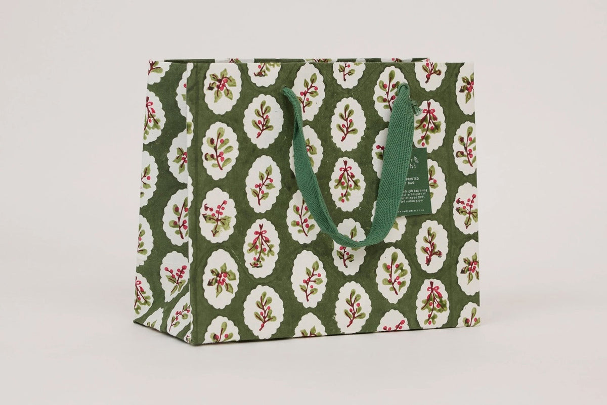 Paper Mirchi Block Printed Gift bag Medium - Scallop Tiles Holly Green Flywheel Stationery Tasmania