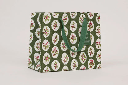 Paper Mirchi Block Printed Gift bag Medium - Scallop Tiles Holly Green Flywheel Stationery Tasmania