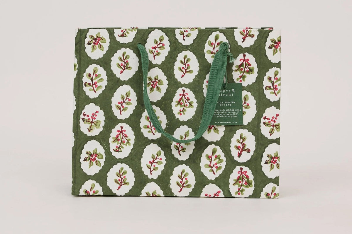 Paper Mirchi Block Printed Gift bag Medium - Scallop Tiles Holly Green Flywheel Stationery Tasmania