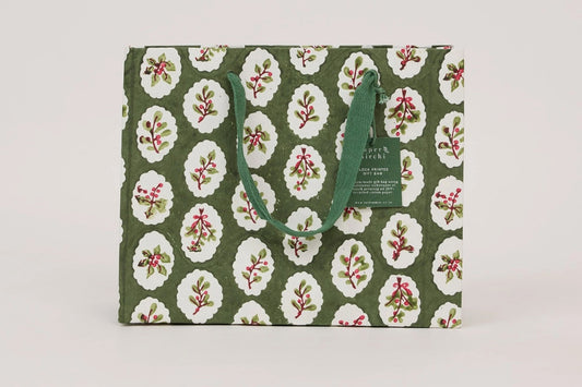 Paper Mirchi Block Printed Gift bag Medium - Scallop Tiles Holly Green Flywheel Stationery Tasmania