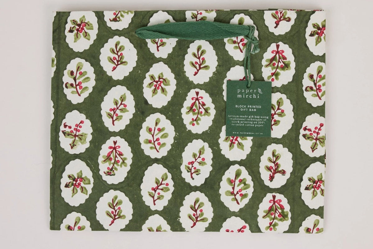 Paper Mirchi Block Printed Gift bag Medium - Scallop Tiles Holly Green Flywheel Stationery Tasmania