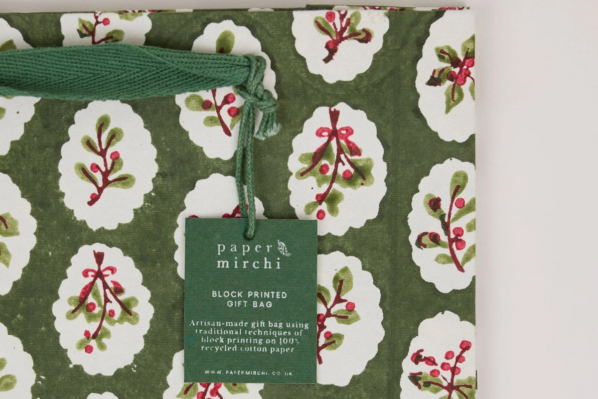 Paper Mirchi Block Printed Gift bag Medium - Scallop Tiles Holly Green Flywheel Stationery Tasmania