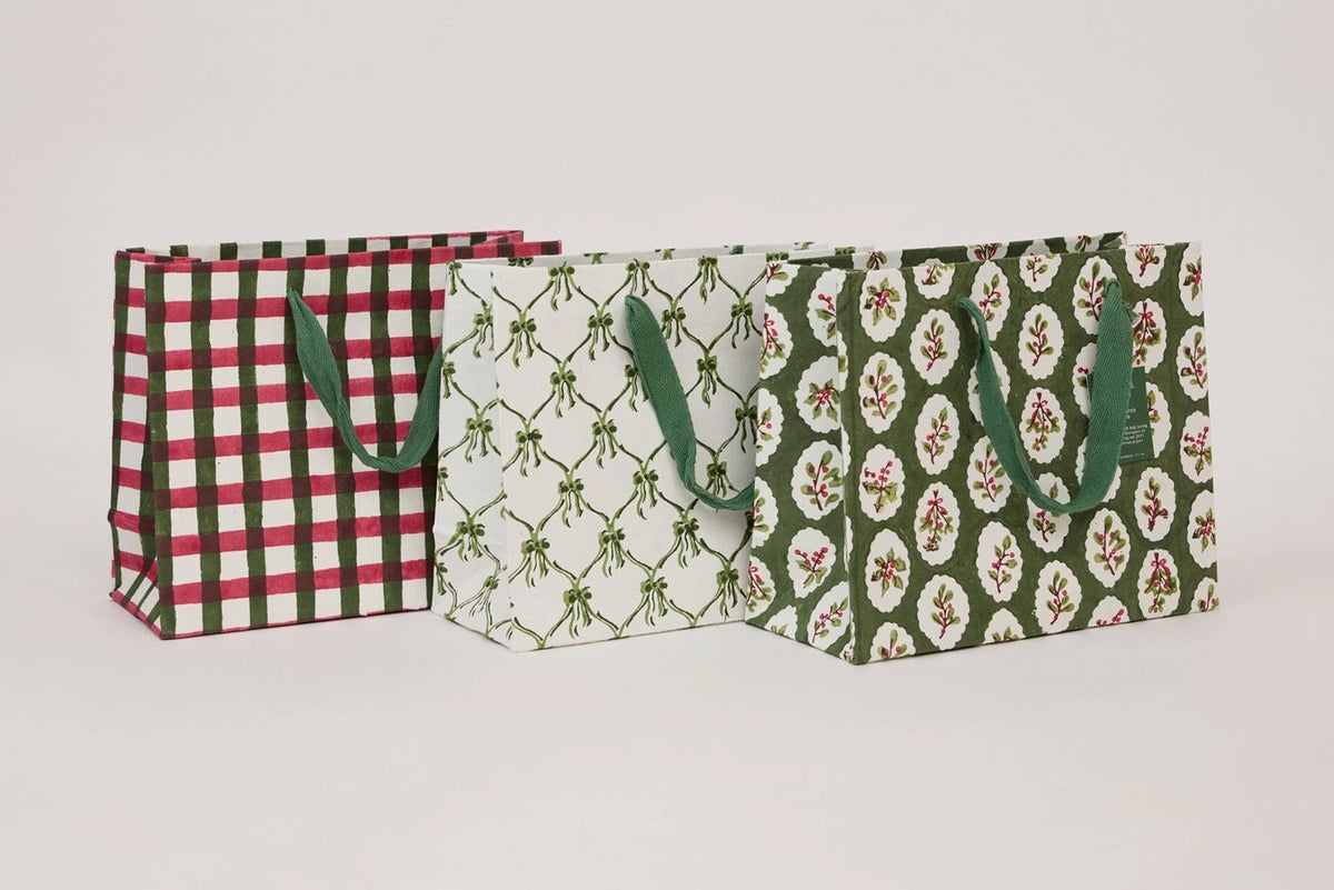 Paper Mirchi Block Printed Gift bag Medium - Scallop Tiles Holly Green Flywheel Stationery Tasmania