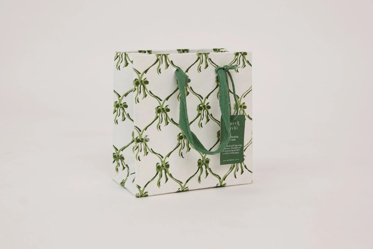 Paper Mirchi Block Printed Gift Bag Small - Bows Holly Green Flywheel Stationery Tasmania
