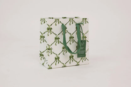Paper Mirchi Block Printed Gift Bag Small - Bows Holly Green Flywheel Stationery Tasmania