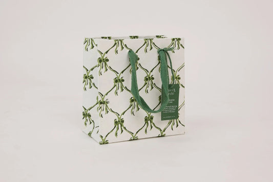 Paper Mirchi Block Printed Gift Bag Small - Bows Holly Green Flywheel Stationery Tasmania