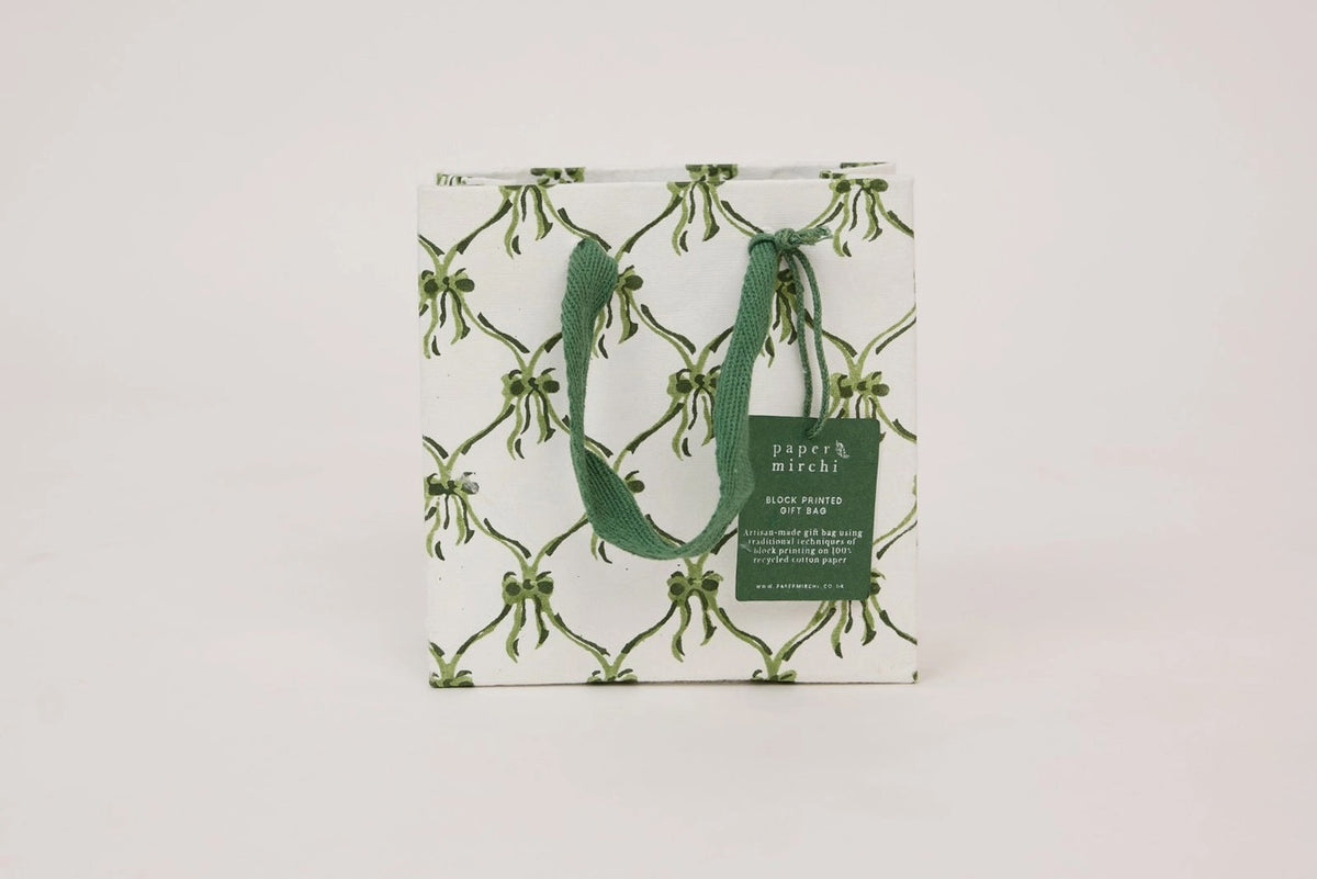 Paper Mirchi Block Printed Gift Bag Small - Bows Holly Green Flywheel Stationery Tasmania