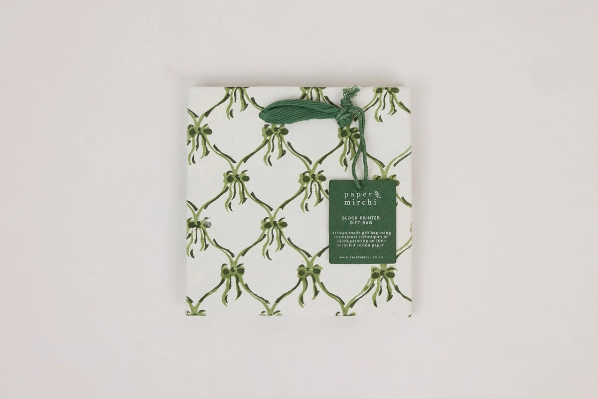 Paper Mirchi Block Printed Gift Bag Small - Bows Holly Green Flywheel Stationery Tasmania