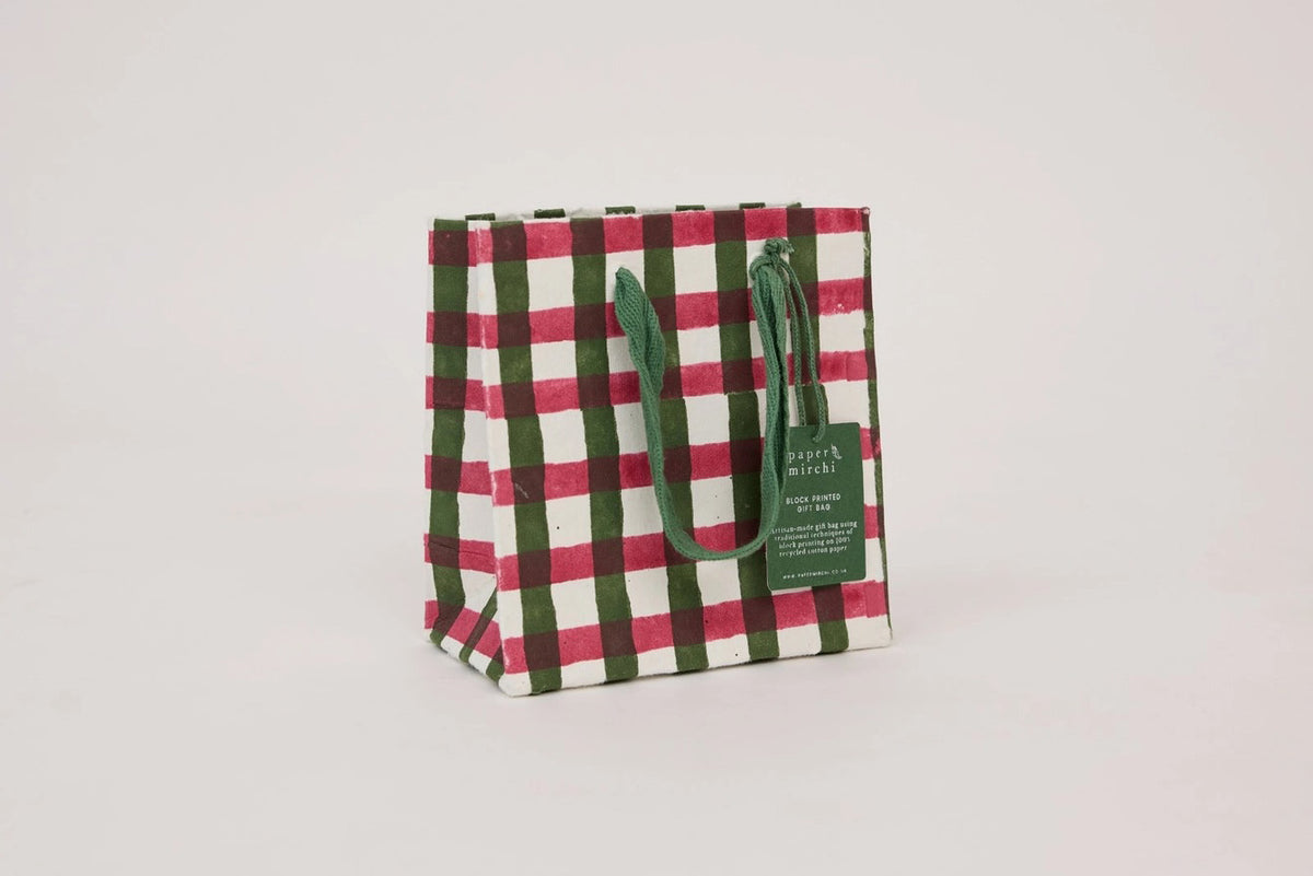 Paper Mirchi Block Printed Gift Bag Small - Gingham Holly Green Flywheel Stationery Tasmania