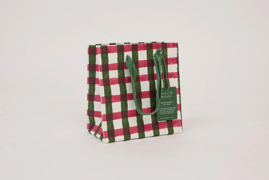 Paper Mirchi Block Printed Gift Bag Small - Gingham Holly Green Flywheel Stationery Tasmania