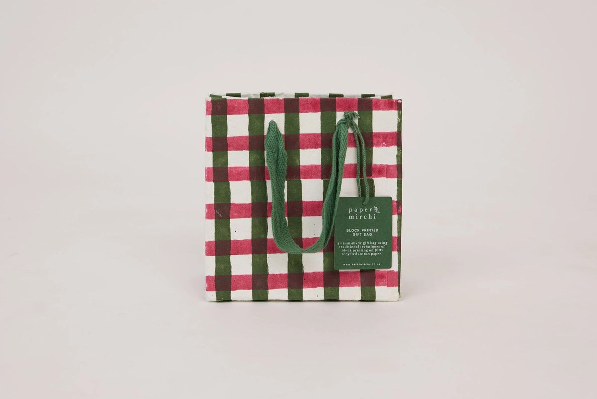 Paper Mirchi Block Printed Gift Bag Small - Gingham Holly Green Flywheel Stationery Tasmania