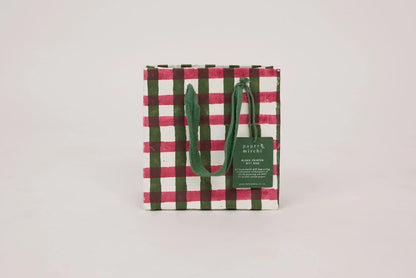 Paper Mirchi Block Printed Gift Bag Small - Gingham Holly Green Flywheel Stationery Tasmania