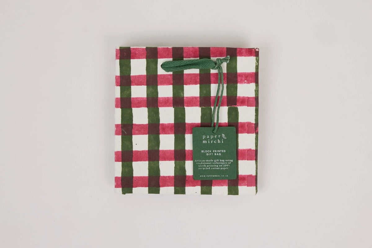 Paper Mirchi Block Printed Gift Bag Small - Gingham Holly Green Flywheel Stationery Tasmania
