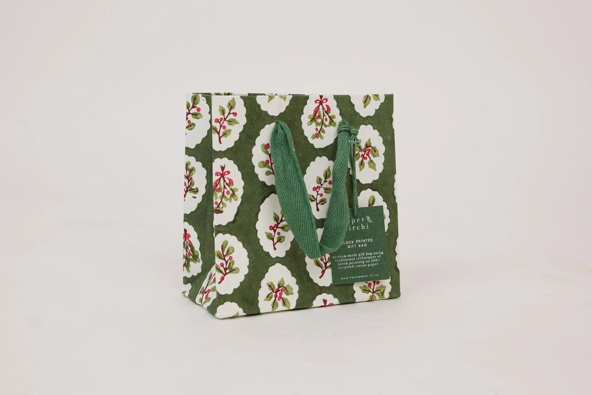 Paper Mirchi Block Printed Gift Bag Small - Scallop Tiles Holly Green Flywheel Stationery Tasmania