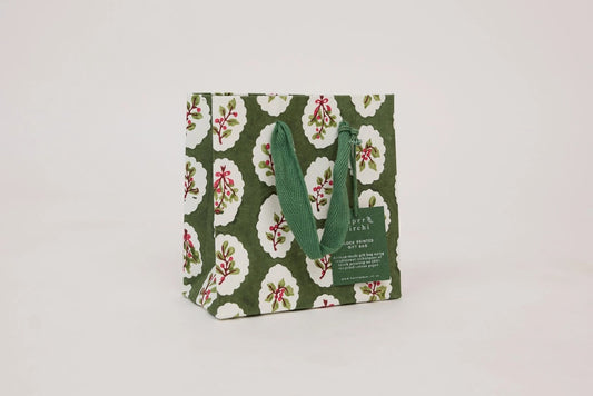 Paper Mirchi Block Printed Gift Bag Small - Scallop Tiles Holly Green Flywheel Stationery Tasmania