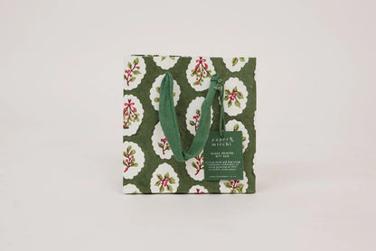 Paper Mirchi Block Printed Gift Bag Small - Scallop Tiles Holly Green Flywheel Stationery Tasmania