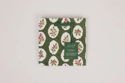 Paper Mirchi Block Printed Gift Bag Small - Scallop Tiles Holly Green Flywheel Stationery Tasmania