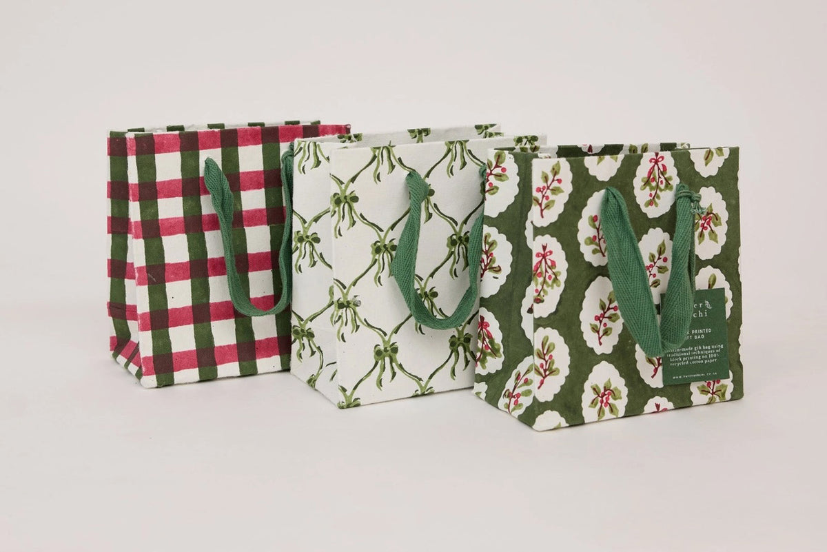 Paper Mirchi Block Printed Gift Bag Small - Gingham Holly Green Flywheel Stationery Tasmania