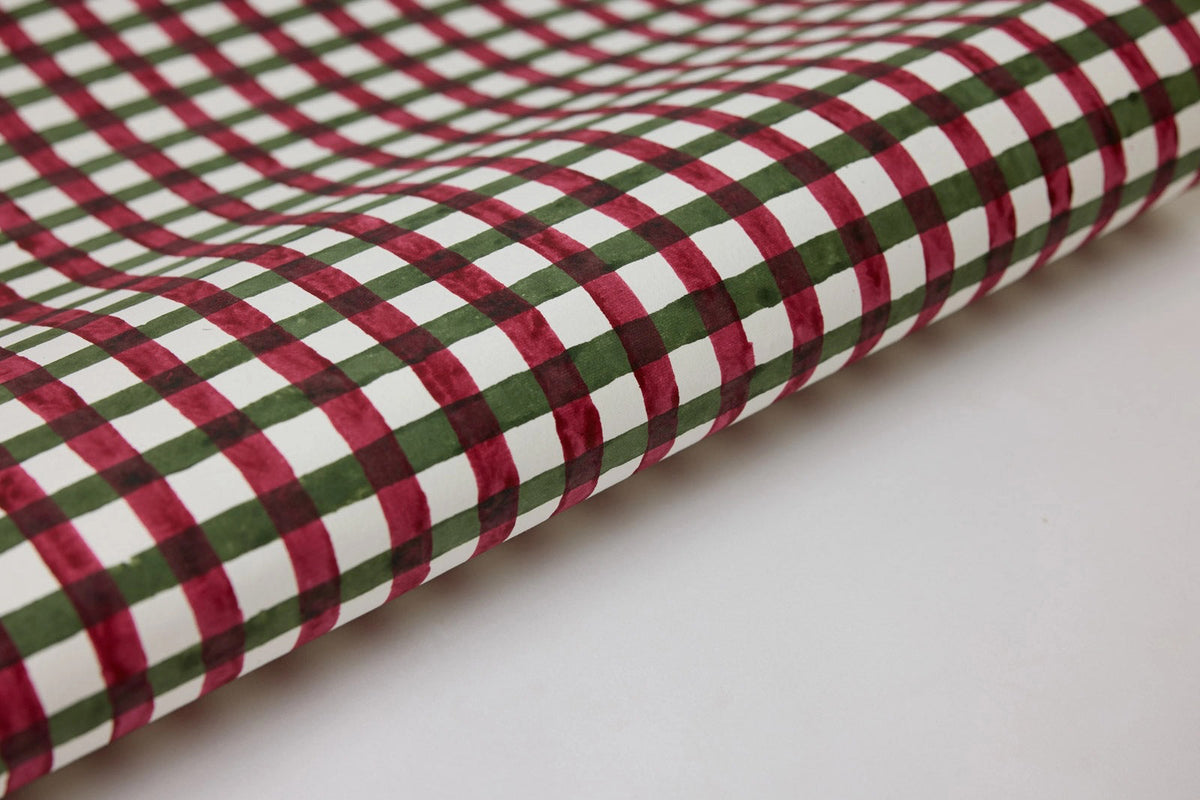 Paper Mirchi Block Printed Gift Wrap - Gingham Holly Green Flywheel Stationery Tasmania