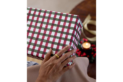 Paper Mirchi Block Printed Gift Wrap - Gingham Holly Green Flywheel Stationery Tasmania