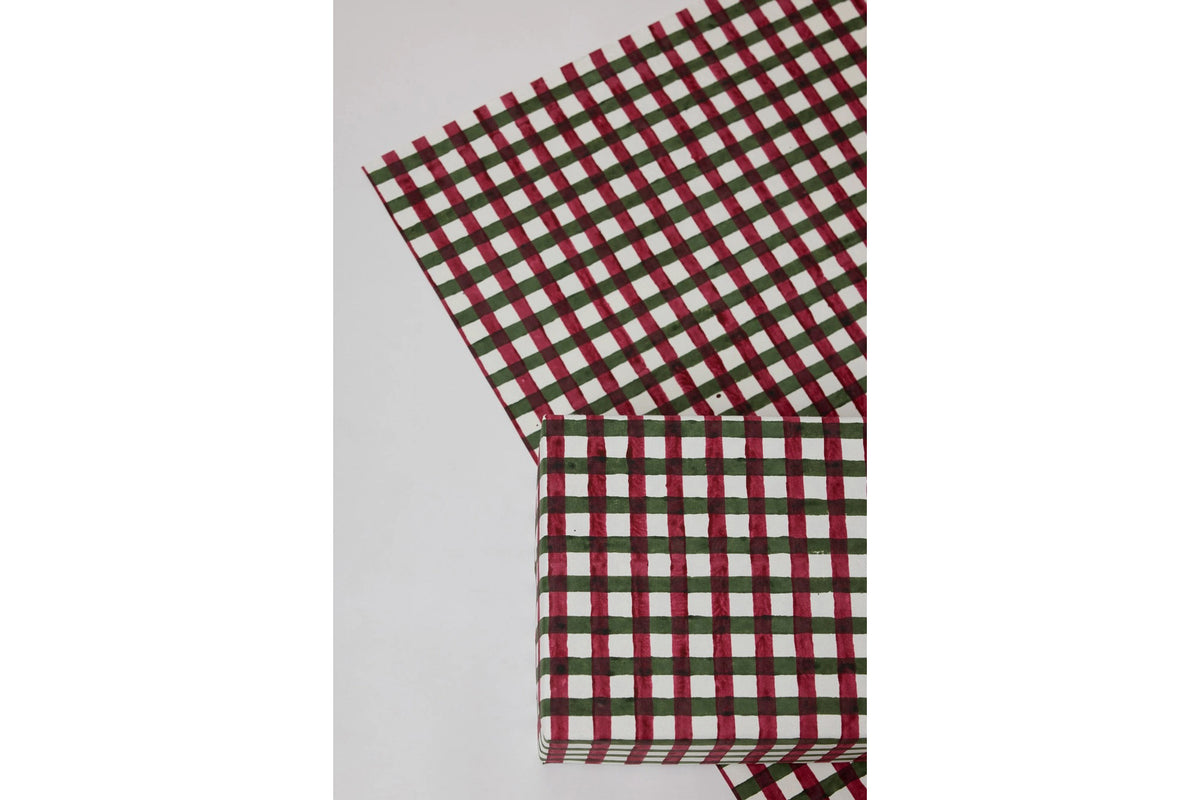 Paper Mirchi Block Printed Gift Wrap - Gingham Holly Green Flywheel Stationery Tasmania