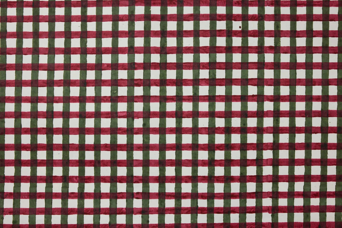 Paper Mirchi Block Printed Gift Wrap - Gingham Holly Green Flywheel Stationery Tasmania