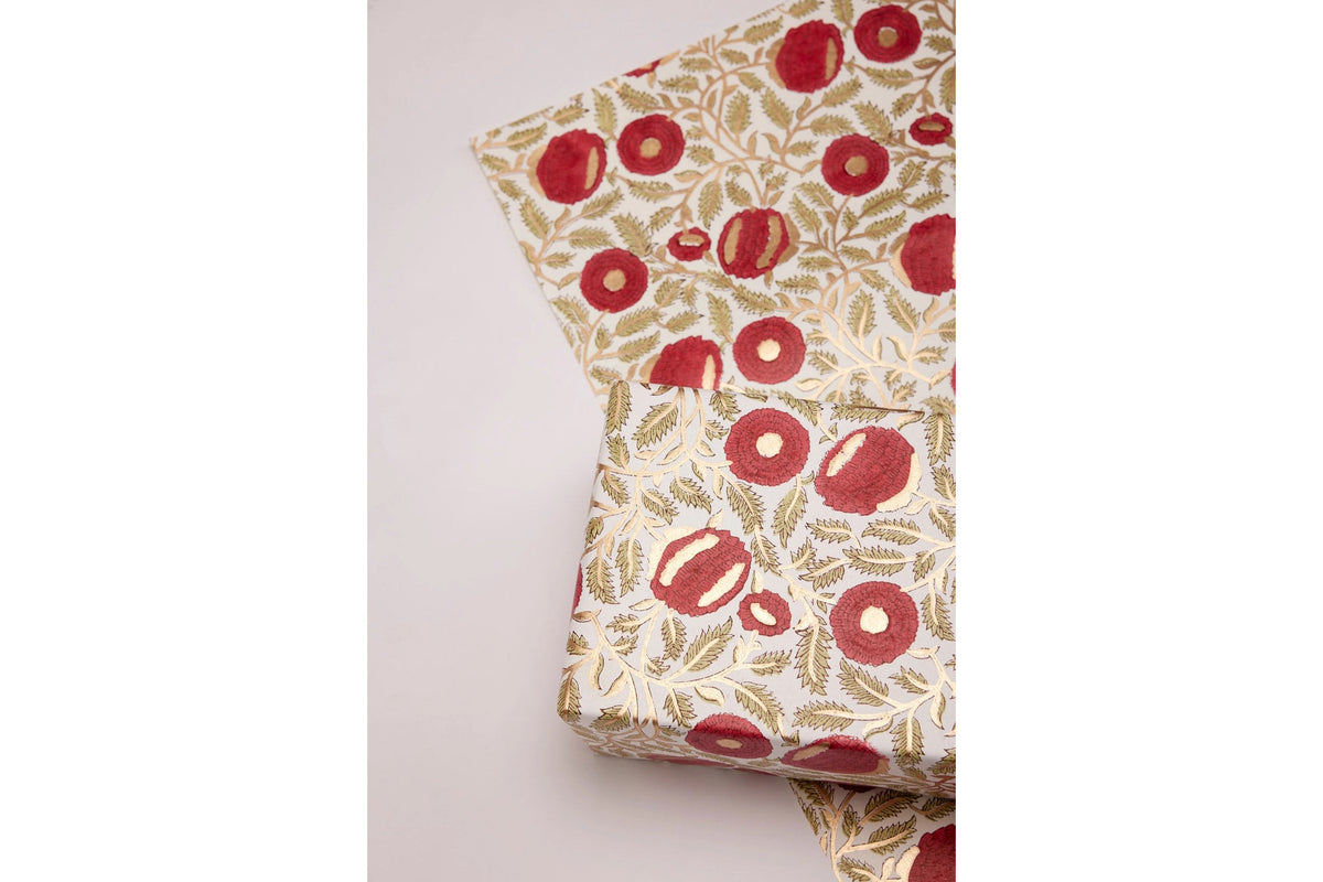 Paper Mirchi Block Printed Gift Wrap - Marigold Glitz Scarlet Flywheel Stationery Tasmania