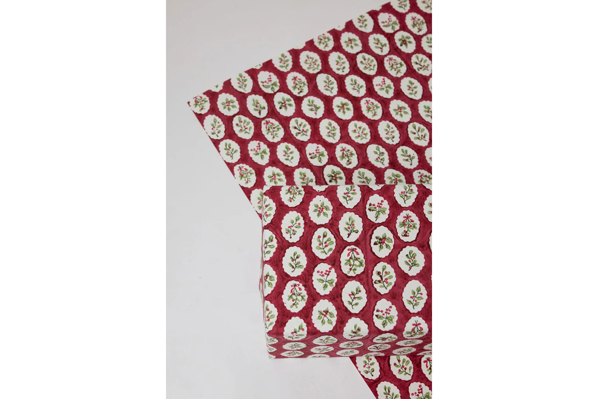 Paper Mirchi Block Printed Gift Wrap - Scallop Tiles Christmas Pudding Flywheel Stationery Tasmania