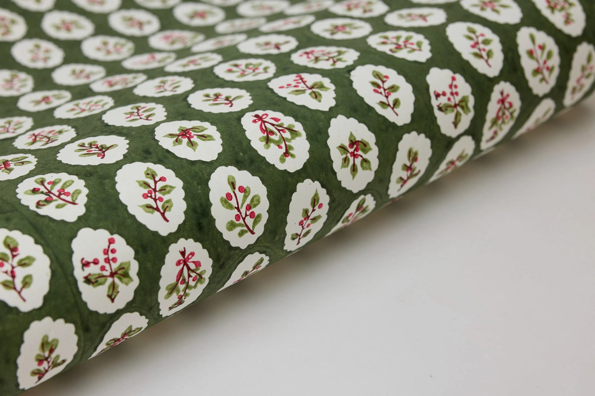 Paper Mirchi Block Printed Gift Wrap - Scallop Tiles Holly Green Flywheel Stationery Tasmania