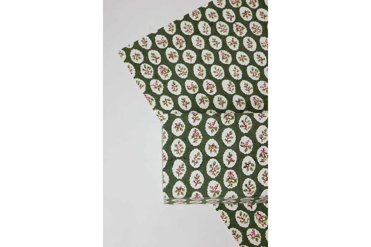 Paper Mirchi Block Printed Gift Wrap - Scallop Tiles Holly Green Flywheel Stationery Tasmania