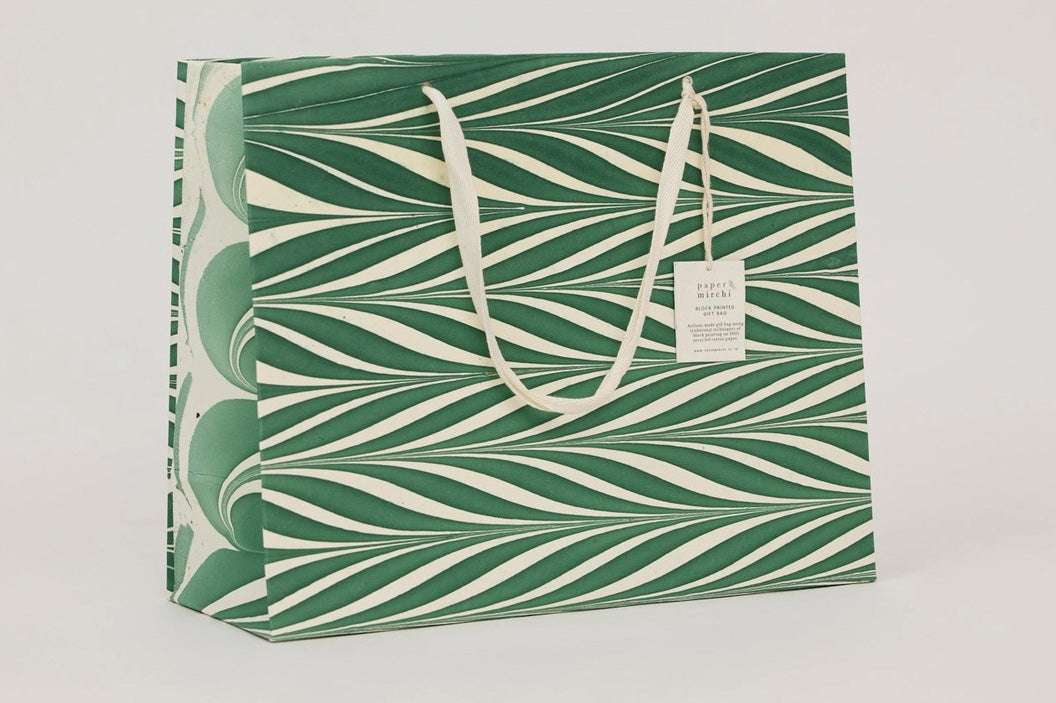 Paper Mirchi Hand Marbled Gift Bag Large - Candy Stripes Green Flywheel Stationery Tasmania