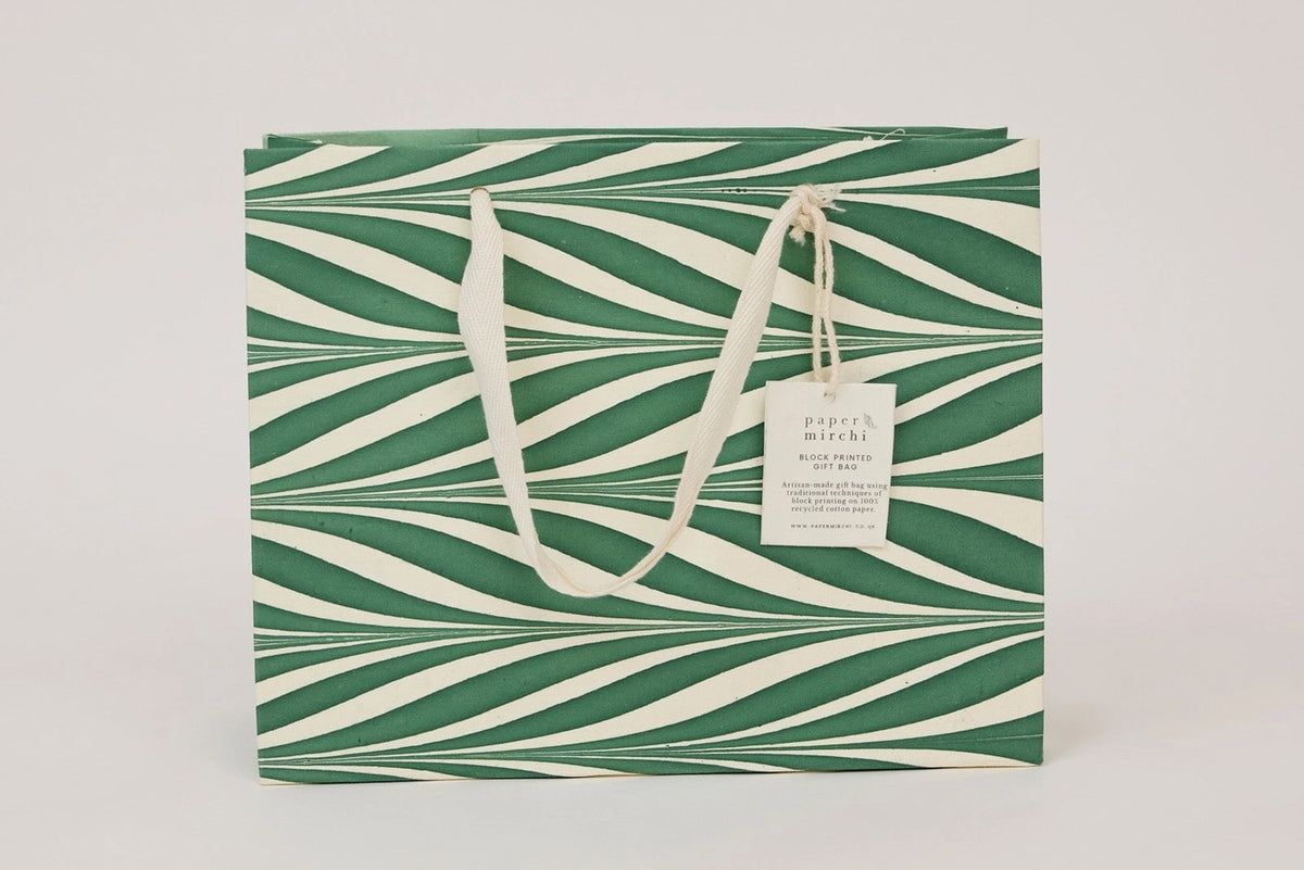 Paper Mirchi Hand Marbled Gift bag Medium - Candy Stripes Green Flywheel Stationery Tasmania