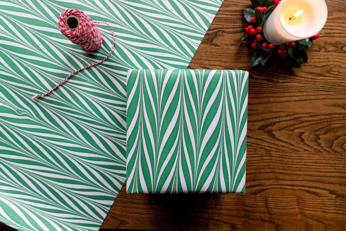 Paper Mirchi Hand Marbled Gift Wrap - Candy Stripes Green Flywheel Stationery Tasmania