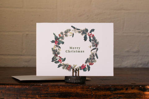Letterpress Christmas Notecard - Holly Wreath