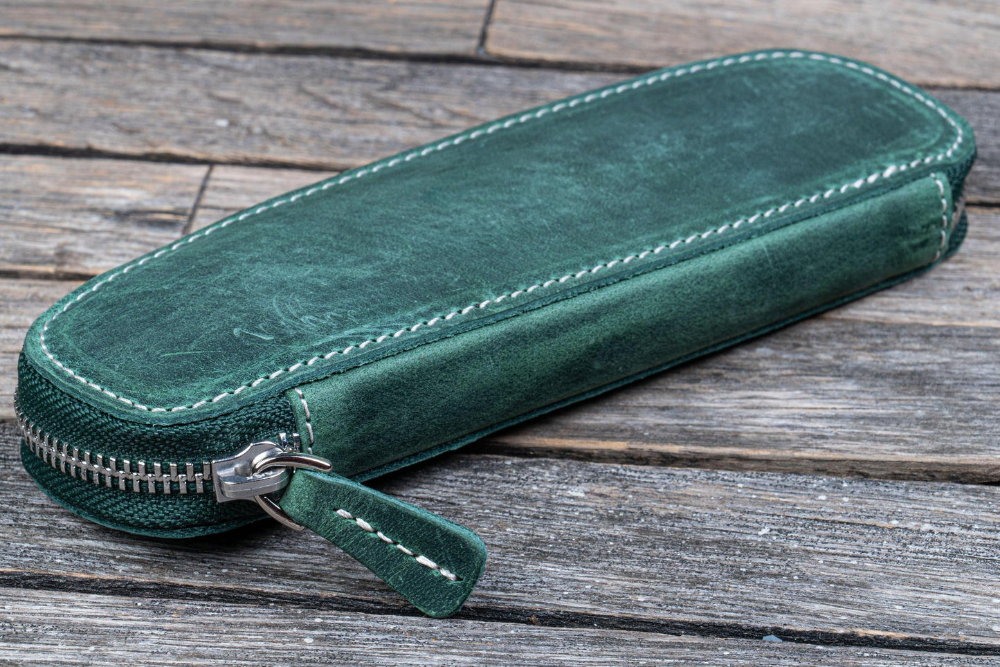 Galen Leather Zippered Duo Slim Pen Case - Crazy Horse Forest Green | Flywheel | Stationery | Tasmania