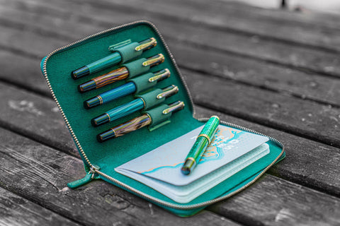 Galen Leather Five Slot Zip Pen Case - Crazy Horse Forest Green