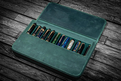 Galen Leather Magnum Opus 12 Slot Pen Case - Crazy Horse Forest Green | Flywheel | Stationery | Tasmania