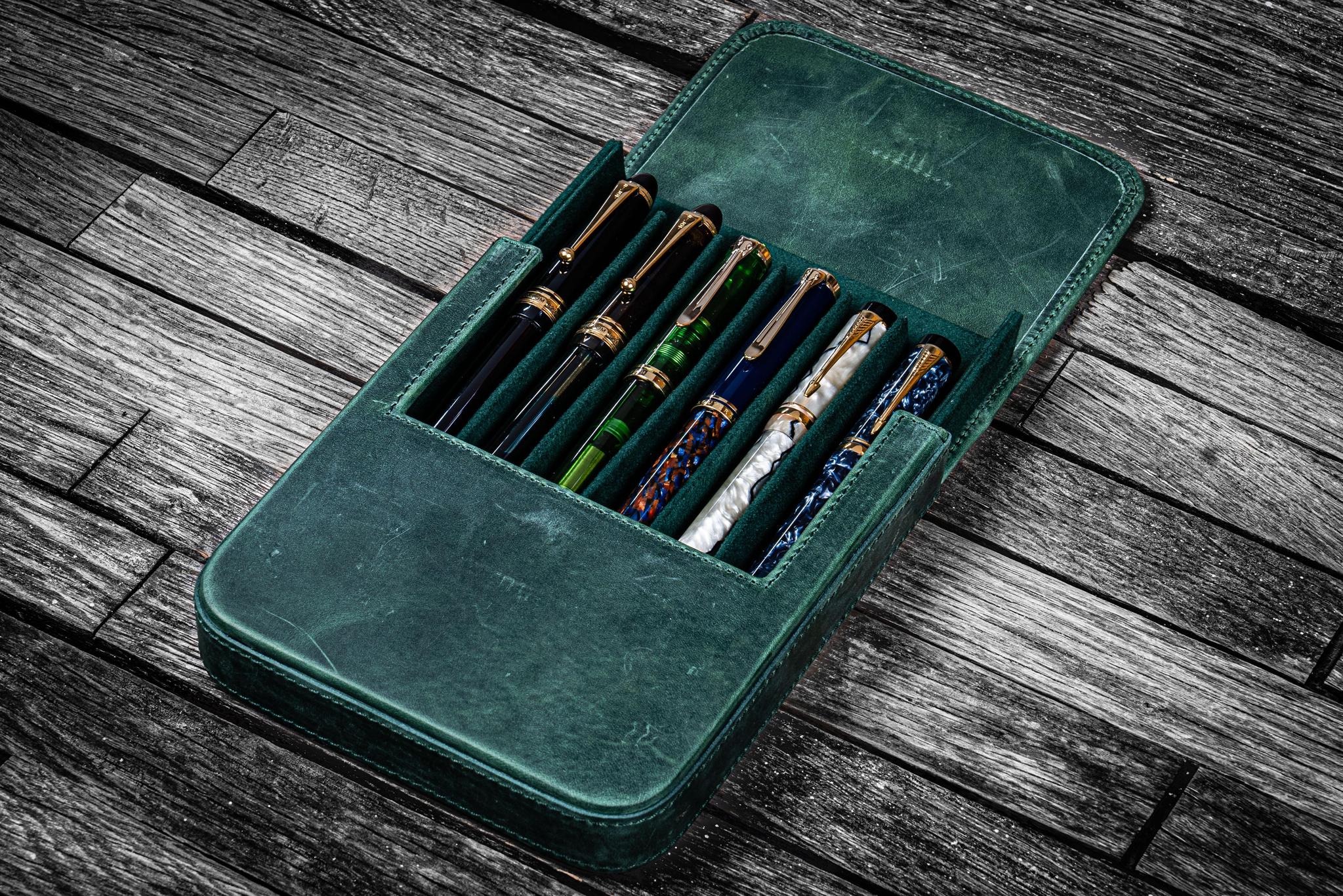 Galen Leather Magnum Opus 6 Slot Pen Case - Crazy Horse Forest Green