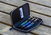 Galen Leather Three Slot Zip Pen Case - Black
