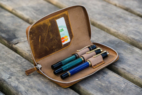 Galen Leather Three Slot Zip Pen Case - Crazy Horse Brown