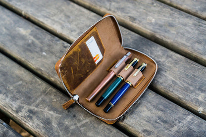 Galen Leather Three Slot Zip Pen Case - Crazy Horse Brown | Flywheel | Stationery | Tasmania