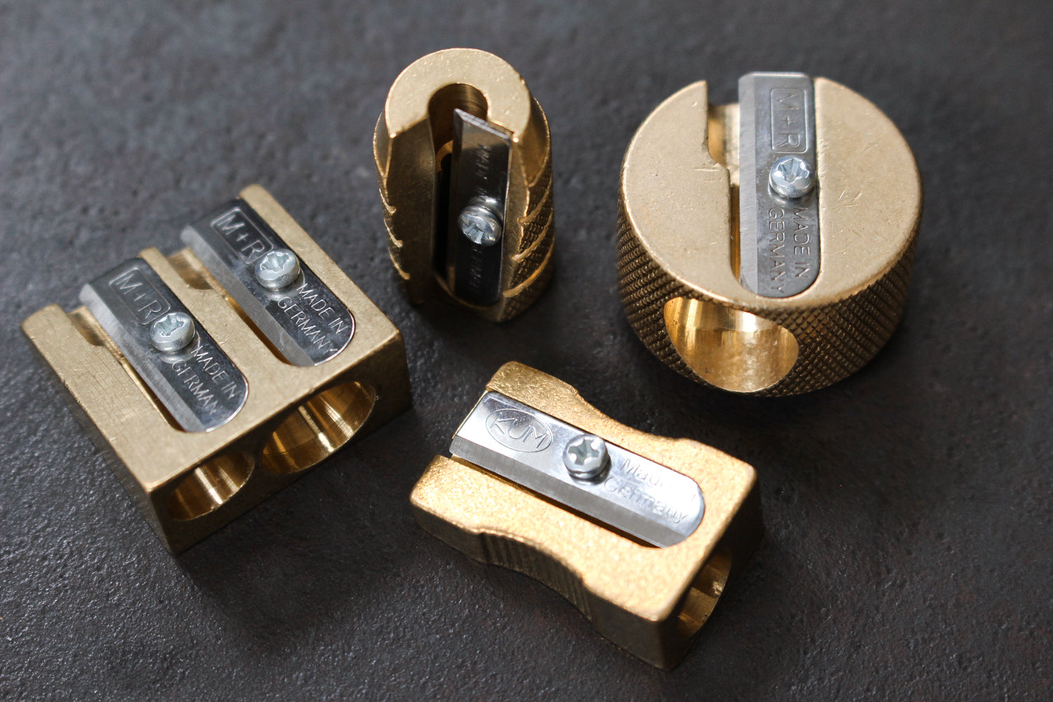 M+R Discos Double Hole Brass Pencil Sharpener | Flywheel | Stationery | Tasmania
