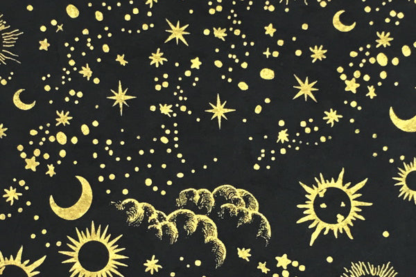 Lokta Gift Wrap - Sun Moon Stars Gold/Black | Flywheel | Stationery | Tasmania