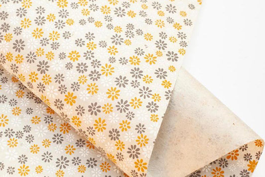Lokta Gift Wrap - Small Flower Natural/Grey/Yellow | Flywheel | Stationery | Tasmania