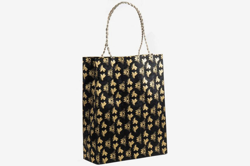 Lokta Gift Bag Large - Bees Gold/Black