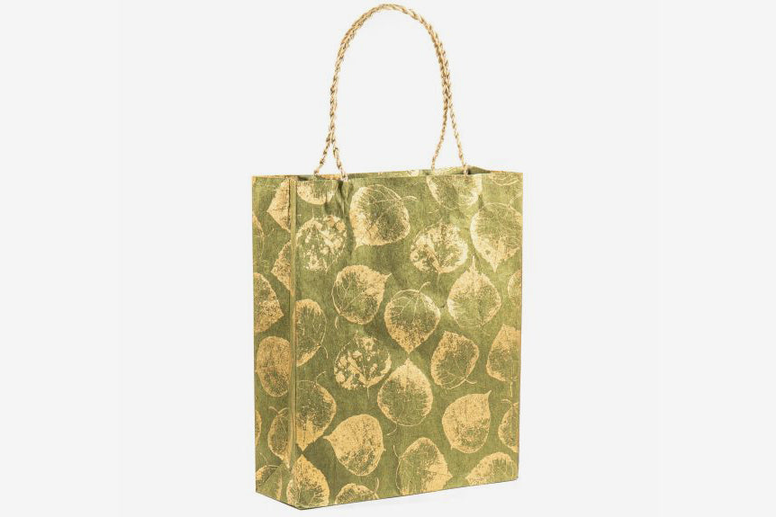 Lokta Gift Bag Large - Leaves Gold/Olive | Flywheel | Stationery | Tasmania