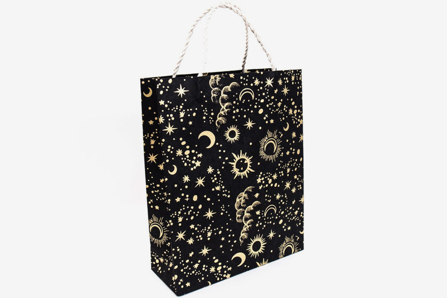 Lokta Gift Bag Large - Sun Moon Stars Gold/Black | Flywheel | Stationery | Tasmania